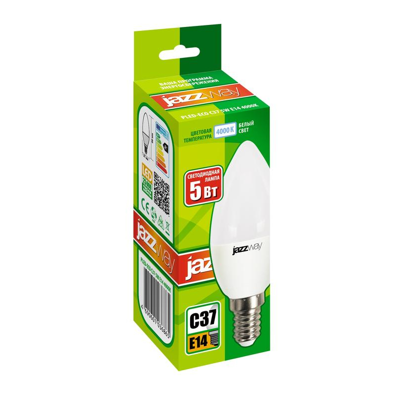 Лампа светодиодная PLED-ECO-C37 5Вт свеча 4000К бел. E14 400лм 220-240В JazzWay 1036865A
