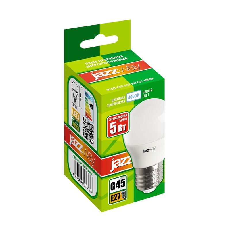 Лампа светодиодная PLED-ECO-G45 5Вт шар 4000К бел. E27 400лм 220-240В JazzWay 1036988A