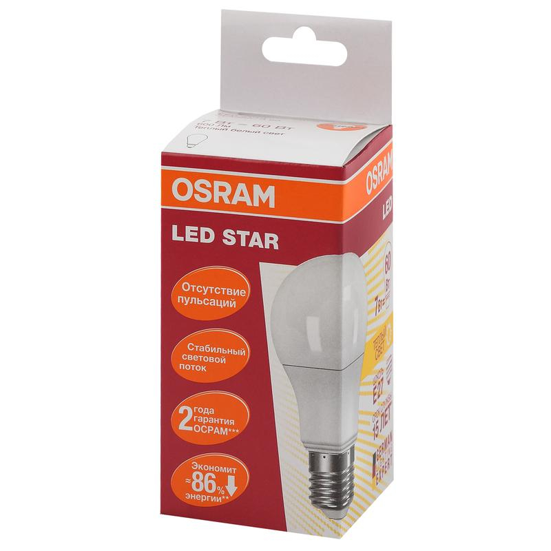 Лампа светодиодная LED Star Classic A 60 7W/827 7Вт грушевидная матовая 2700К тепл. бел. E27 600лм 220-240В пластик. OSRAM 4058075096387