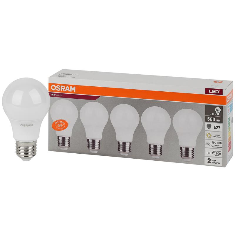 Лампа светодиодная LED Value LVCLA60 7SW/830 230В E27 2х5 RU (уп.5шт) OSRAM 4058075577626