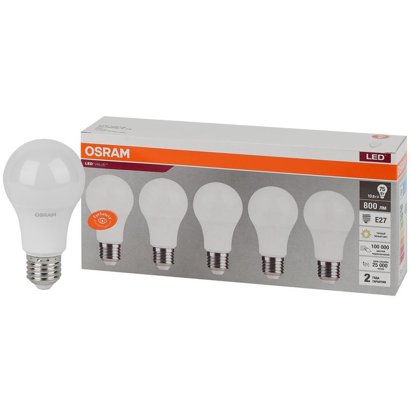 Лампа светодиодная LED Value LVCLA75 10SW/830 230В E27 2х5 RU (уп.5шт) OSRAM 4058075577718