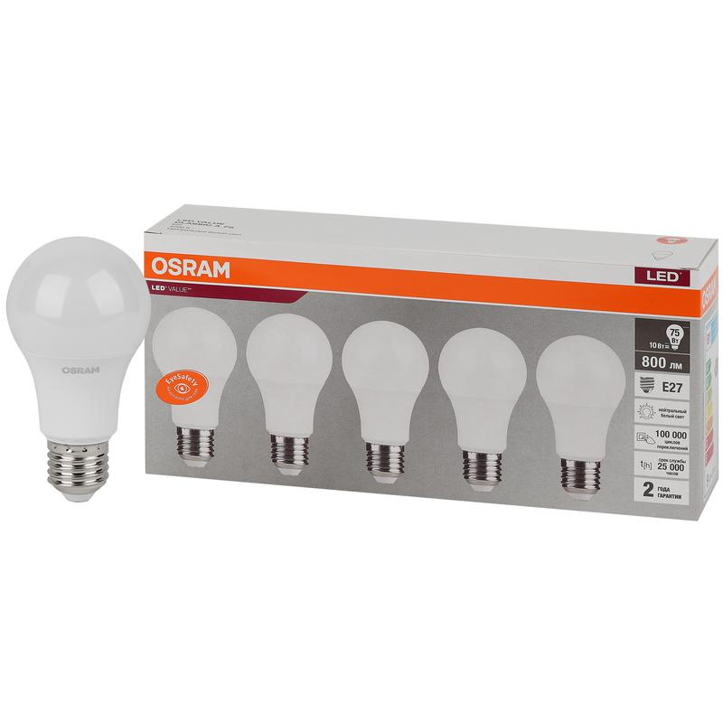 Лампа светодиодная LED Value LVCLA75 10SW/840 230В E27 2х5 RU (уп.5шт) OSRAM 4058075577749