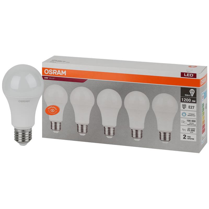 Лампа светодиодная LED Value LVCLA125 15SW/865 230В E27 2х5 RU (уп.5шт) OSRAM 4058075577862