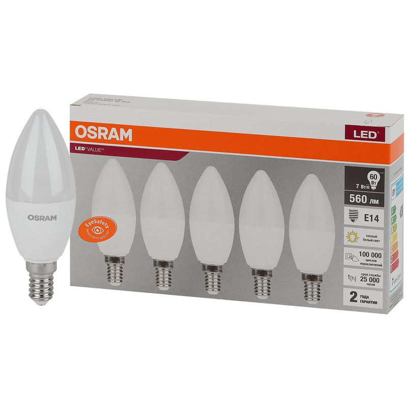 Лампа светодиодная LED Value LVCLB60 7SW/830 230В E14 2х5 RU (уп.5шт) OSRAM 4058075577923