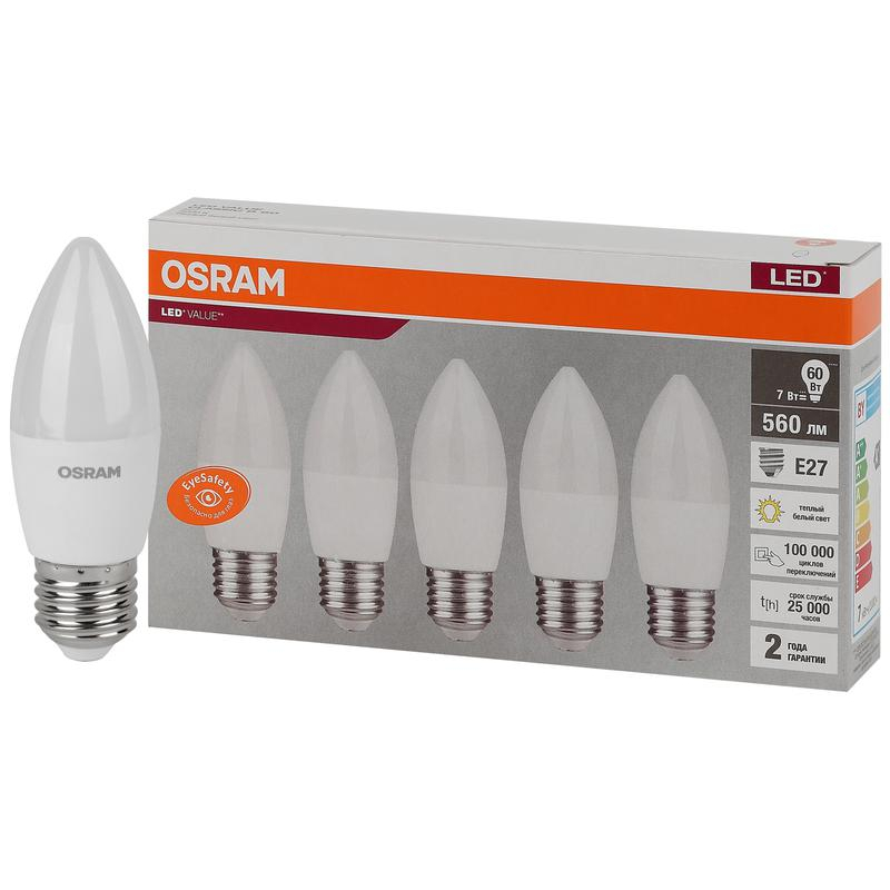 Лампа светодиодная LED Value LVCLB60 7SW/830 230В E27 2х5 RU (уп.5шт) OSRAM 4058075578012