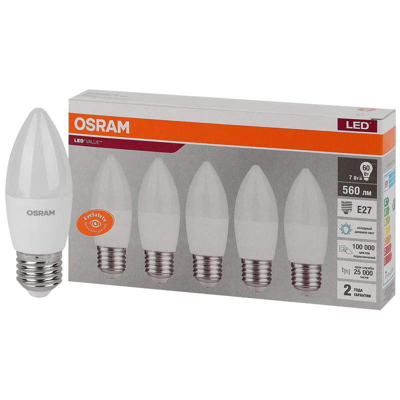 Лампа светодиодная LED Value LVCLB60 7SW/865 230В E27 2х5 RU (уп.5шт) OSRAM 4058075578074