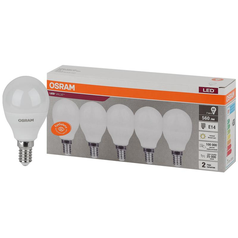 Лампа светодиодная LED Value LVCLP60 7SW/830 230В E14 2х5 RU (уп.5шт) OSRAM 4058075578104