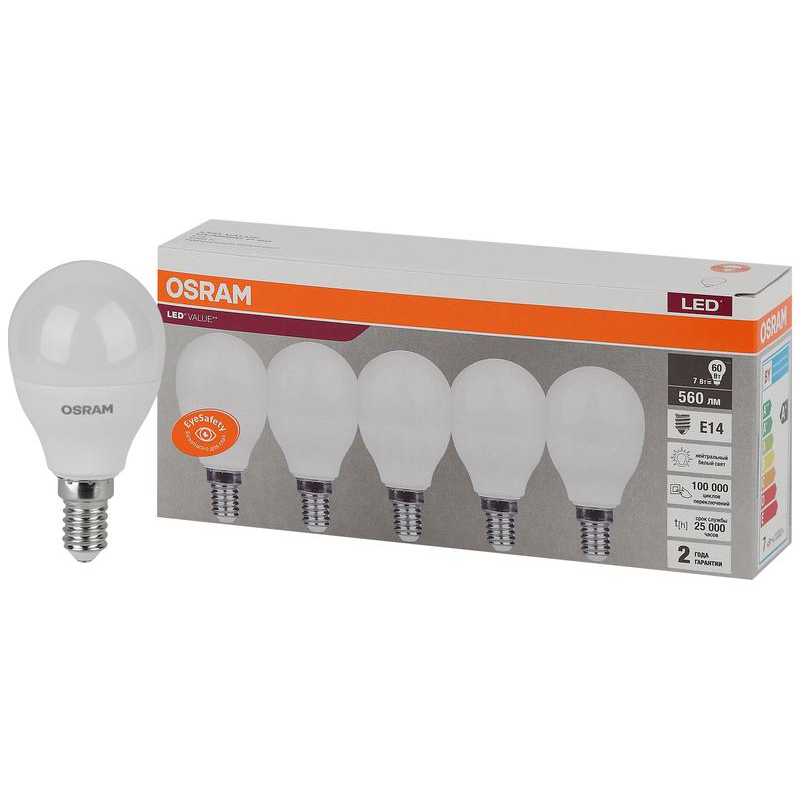 Лампа светодиодная LED Value LVCLP60 7SW/840 230В E14 2х5 RU (уп.5шт) OSRAM 4058075578135