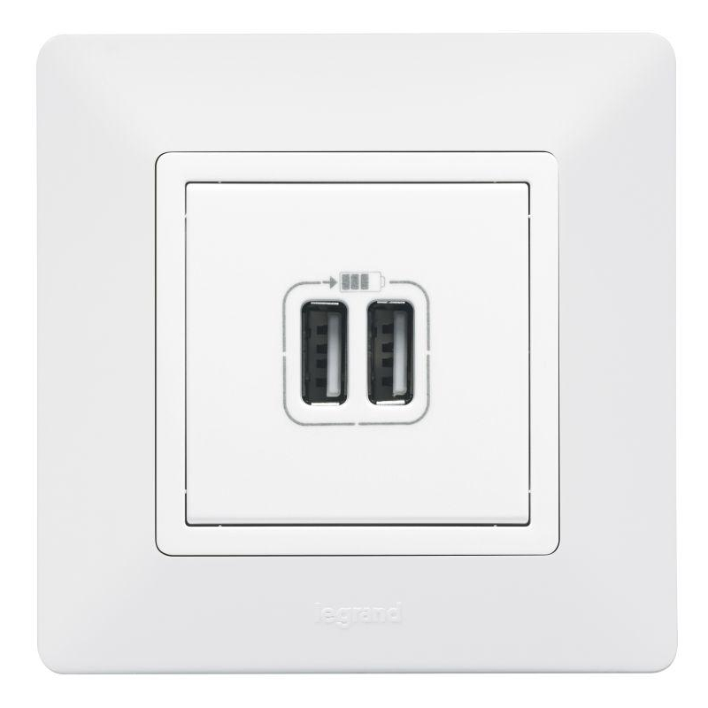Механизм розетки USB Valena Life 2 разъема 240В/5В 2400мА с лиц. панелью бел. Leg 753412