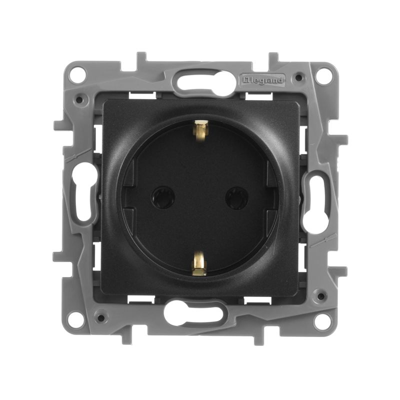 Механизм розетки 1 места скрытой проводки Etika 16А IP20 250В 2P+E с заземляющим контактом, без шторок,  винтовые зажимы, цвет антрацит