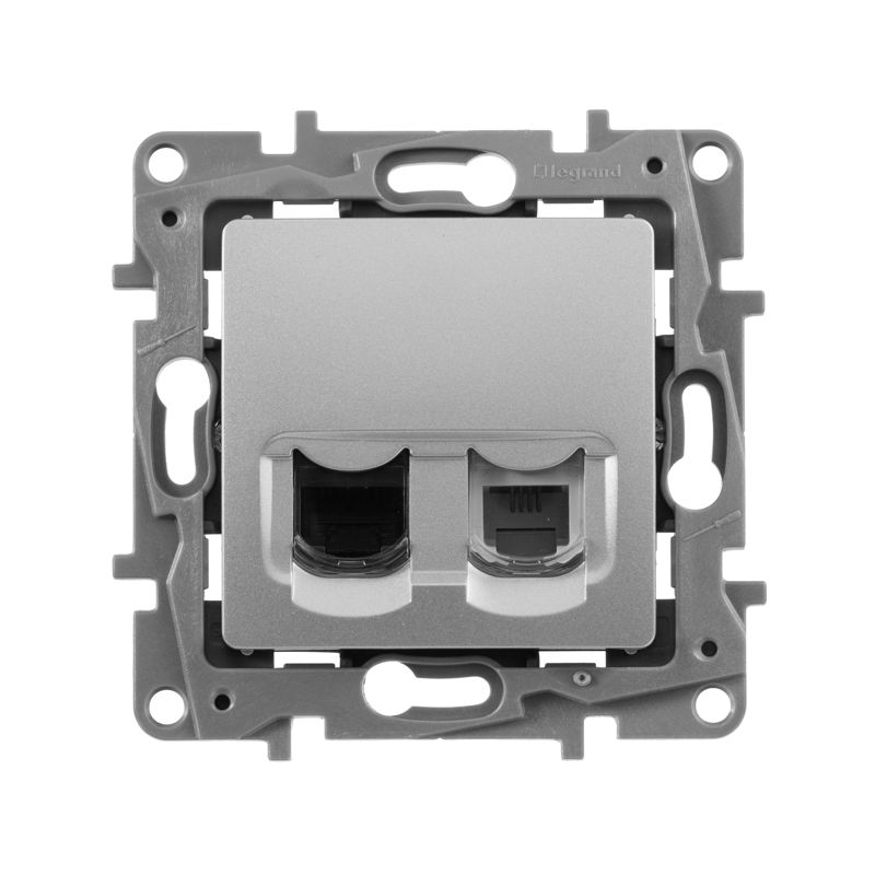 Механизм розетки комп. + телеф. 1-м СП Etika RJ11 + RJ45 CAT.5E UTP алюм. Leg 672452