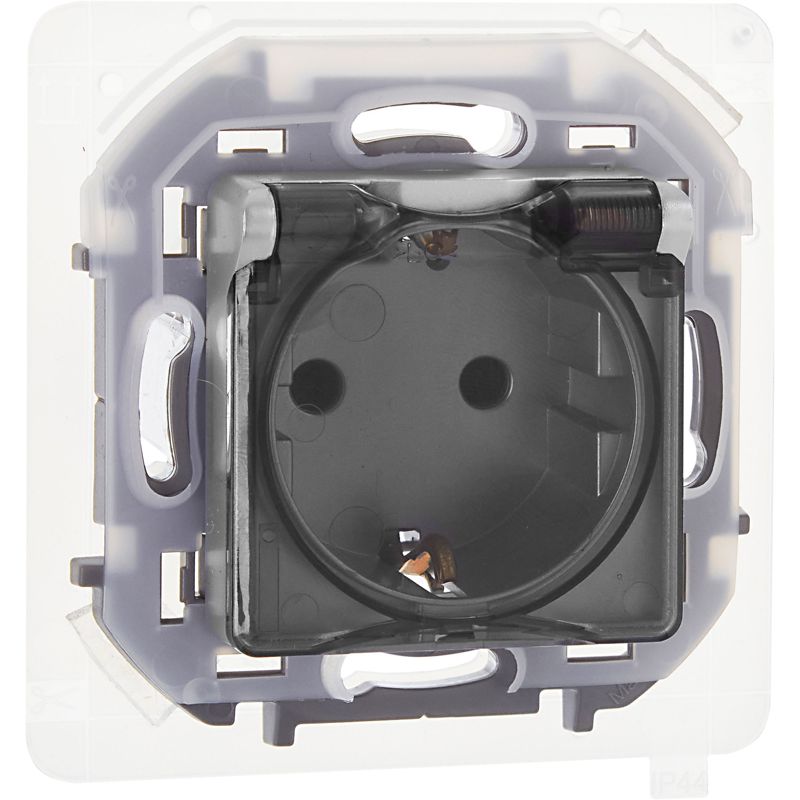 Механизм розетки 1-м СП Inspiria 16А IP44 250В 2P+E защ. шторки с крышкой немецк. стандарт алюм. Leg 673742