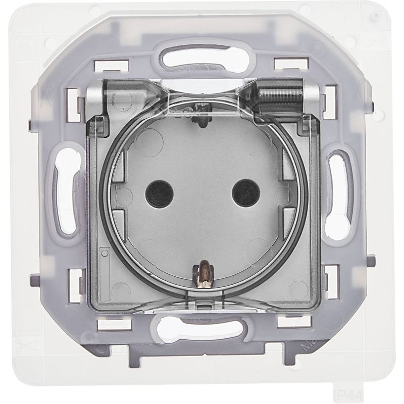 Механизм розетки 1-м СП Inspiria 16А IP44 250В 2P+E защ. шторки с крышкой немецк. стандарт алюм. Leg 673742