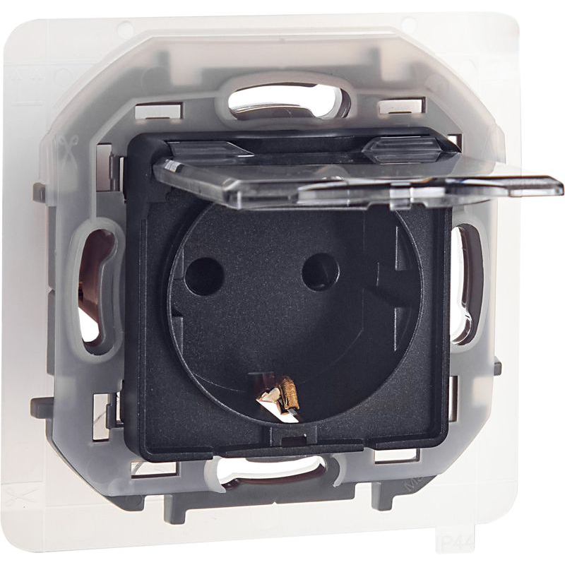 Механизм розетки 1-м СП Inspiria 16А IP44 250В 2P+E защ. шторки с крышкой немецк. стандарт антрацит Leg 673743