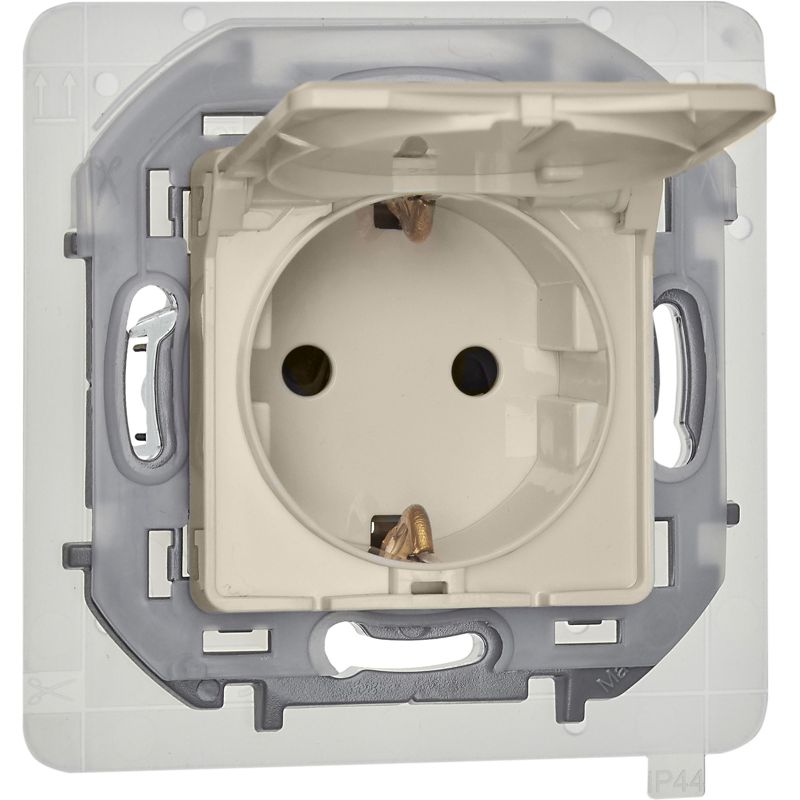 Механизм розетки 1-м СП Inspiria 16А IP44 250В 2P+E защ. шторки с крышкой немецк. стандарт сл. кость Leg 673741