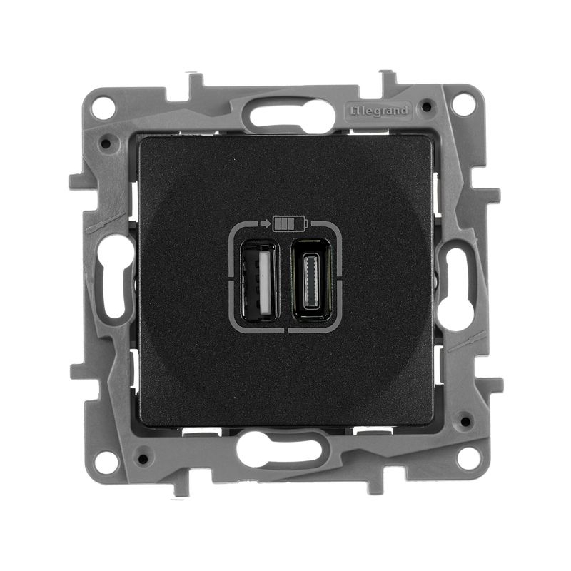 Зарядное устройство с двумя USB-разьемами тип A-тип С 240В/5В 3000мА - Etika - Цвет Антрацит (672636)