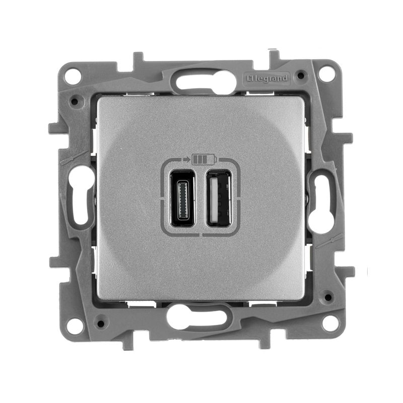 Зарядное устройство с двумя USB-разьемами тип A-тип С 240В/5В 3000мА - Etika - Цвет Алюминий (672436)