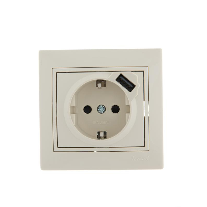 Розетка 1-м СП Мира 16А с з/к +USB крем. LEZARD 701-0303-181