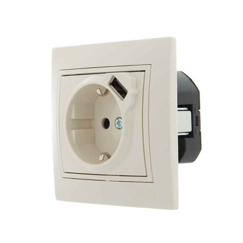 Розетка 1-м СП Мира 16А с з/к +USB крем. LEZARD 701-0303-181