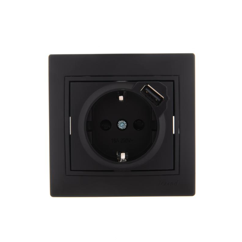 Розетка 1-м СП Мира 16А с з/к + USB разъем черн. бархат LEZARD 701-4242-181