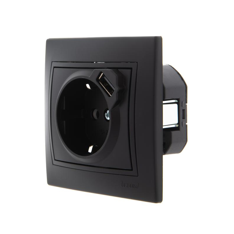Розетка 1-м СП Мира 16А с з/к + USB разъем черн. бархат LEZARD 701-4242-181