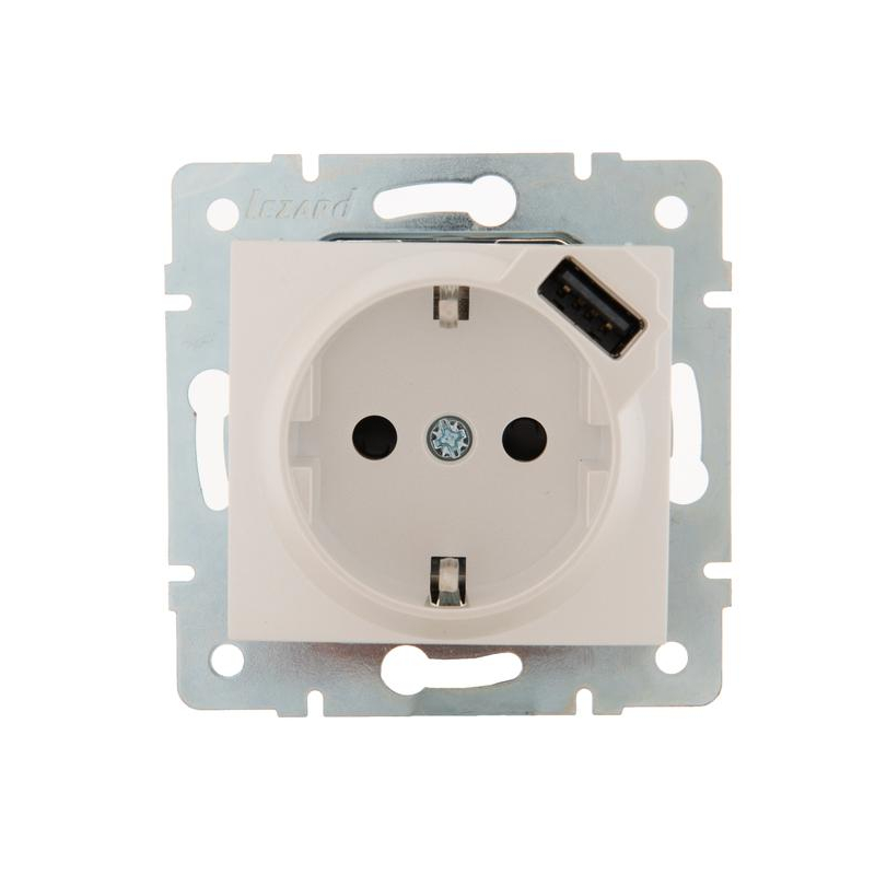Механизм розетки 1-м СП Karina 16А с заземл. с USB-разъемом жемчуж./бел. перламутр. LEZARD 707-3088-181