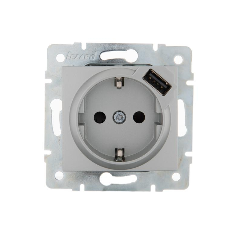Механизм розетки 1-м СП Karina 16А с USB-разъемом с заземл. матов. серебр. LEZARD 707-4388-181
