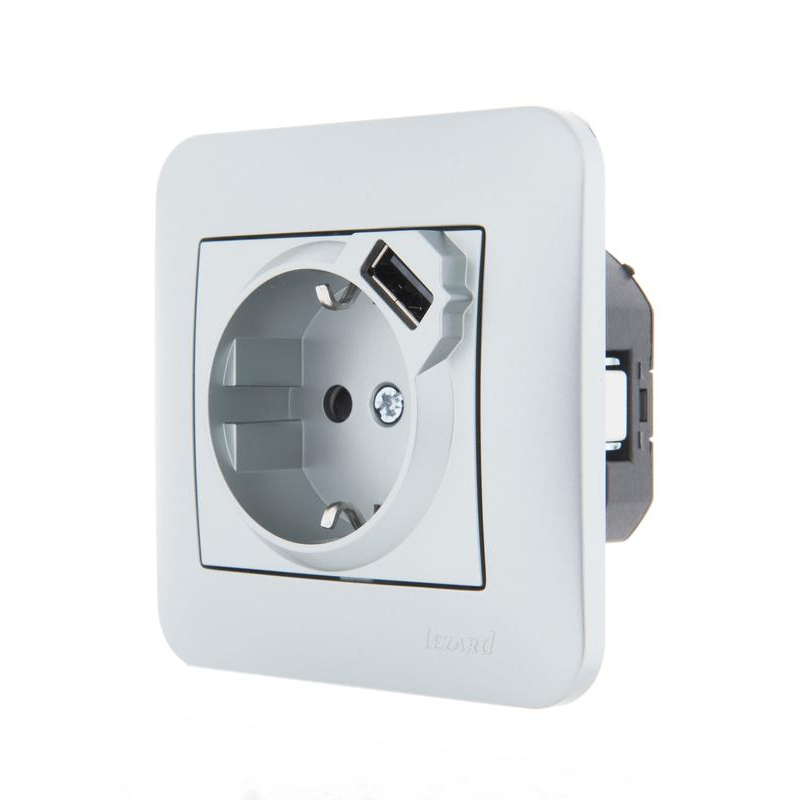 Механизм розетки 1-м СП Karina 16А с USB-разъемом с заземл. матов. серебр. LEZARD 707-4388-181