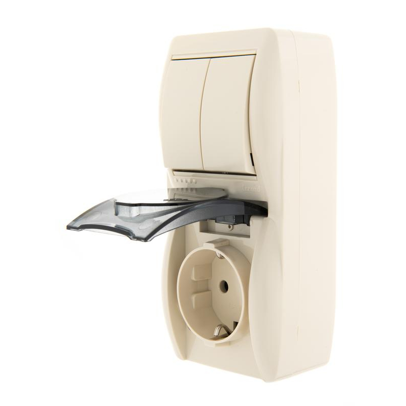 Блок ОП Ната IP20 верт. крем. (2-кл. выкл. + розетка евро с заземл. с крыш.) LEZARD 710-0300-173