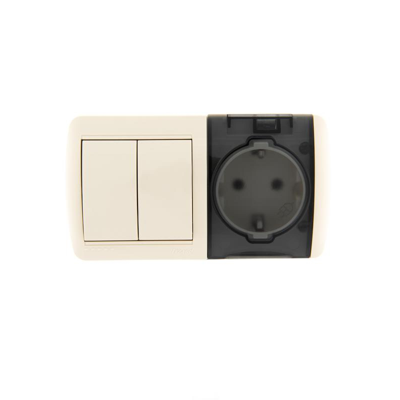 Блок ОП Ната IP20 горизонт. крем. (2-кл. выкл. + розетка евро с заземл. с крыш.) LEZARD 710-0300-171