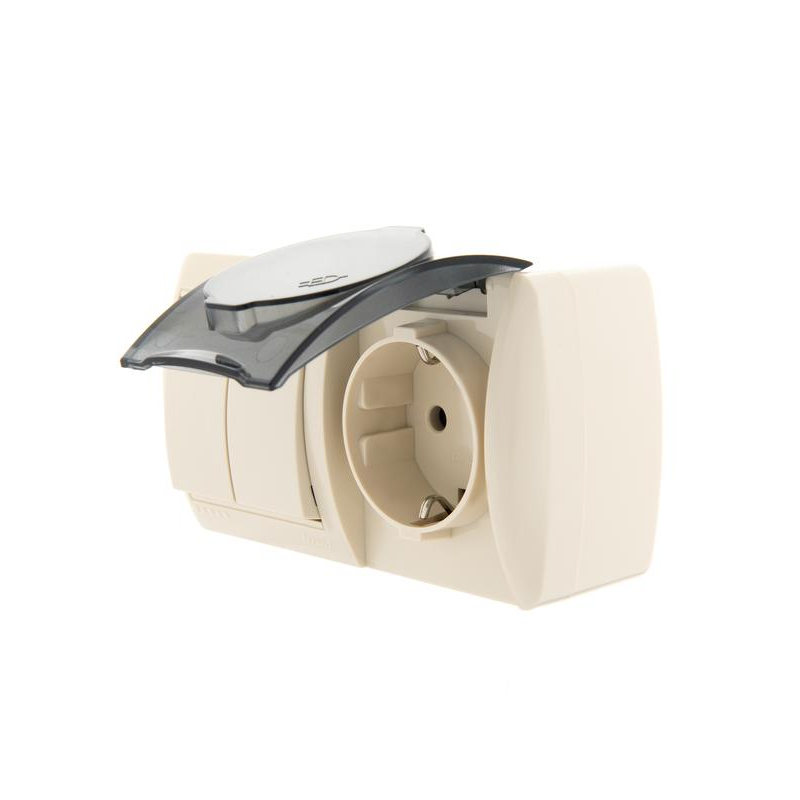 Блок ОП Ната IP20 горизонт. крем. (2-кл. выкл. + розетка евро с заземл. с крыш.) LEZARD 710-0300-171