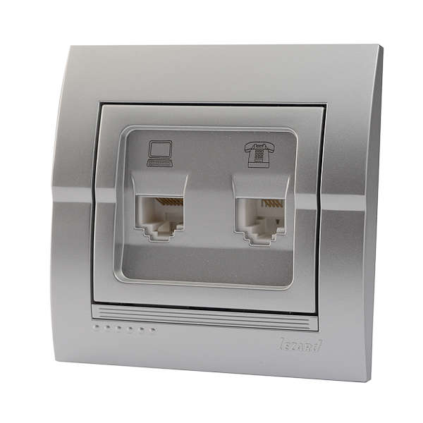 Розетка компьютерная + телеф. СП Дери серебр. метал. LEZARD 702-2828-143