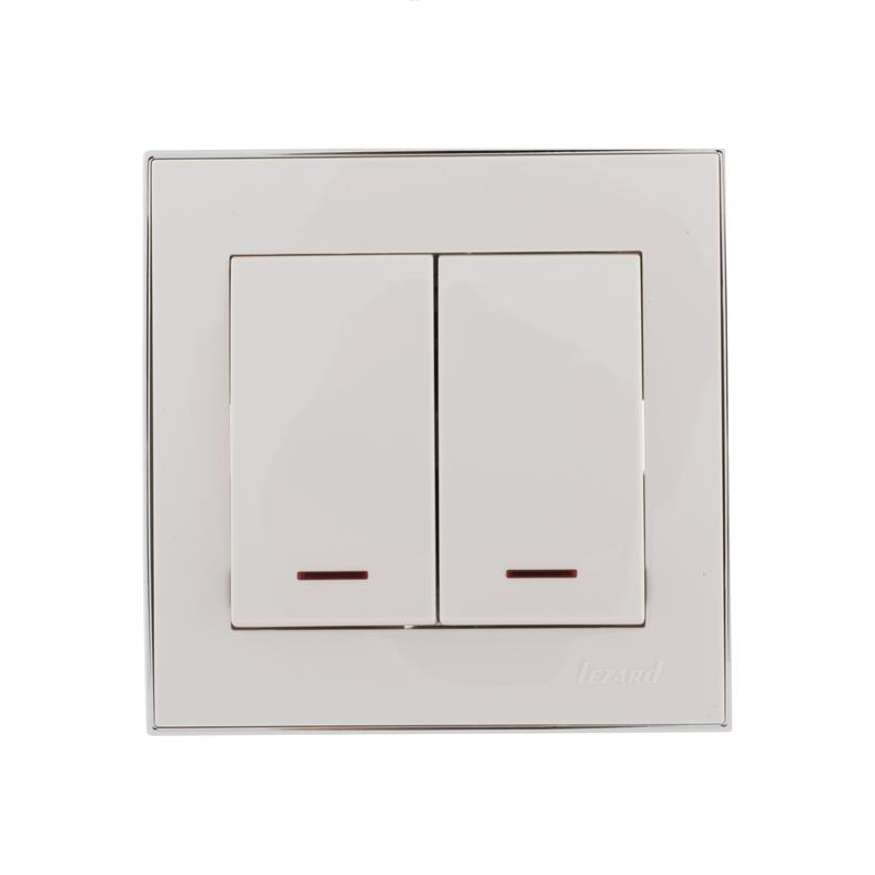 Выключатель 2-кл. СП Рейн 10А IP20 с подсветкой с хром. боковой вставкой бел. LEZARD 703-0225-112