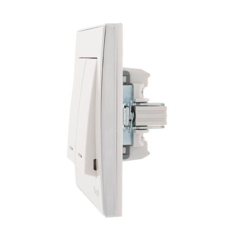 Выключатель 2-кл. СП Рейн 10А IP20 с подсветкой с хром. боковой вставкой бел. LEZARD 703-0225-112