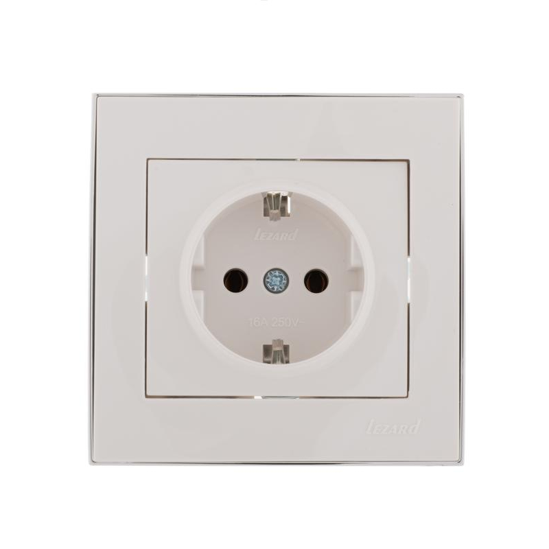 Розетка 1-м СП Рейн керам. с заземл. с боковой встав. хром бел. LEZARD 703-0225-122