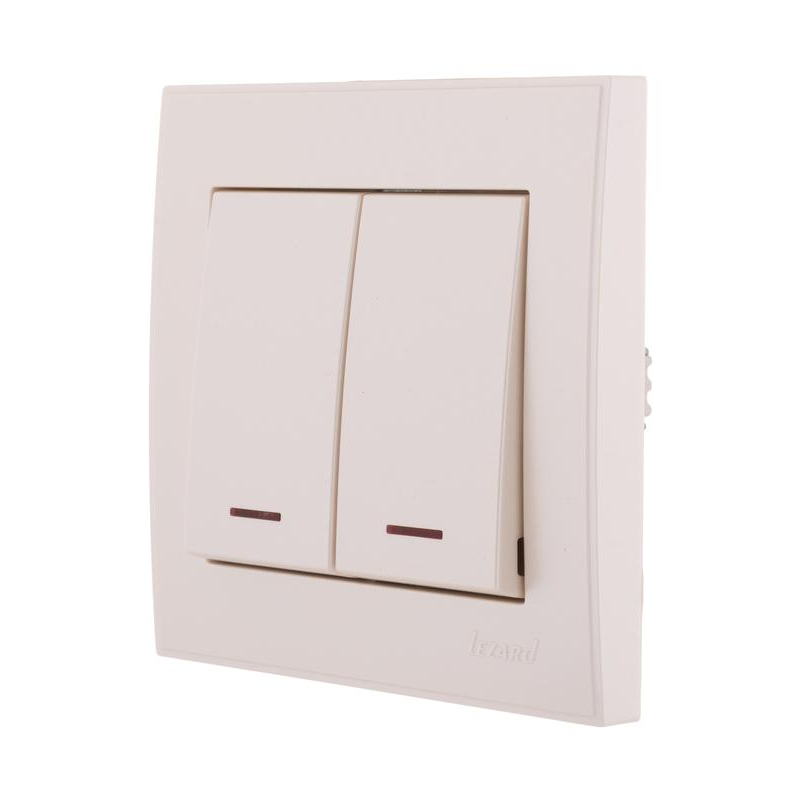 Выключатель 2-кл. СП Рейн 10А IP20 с подсветкой жемчуж./бел. метал. LEZARD 703-3030-112