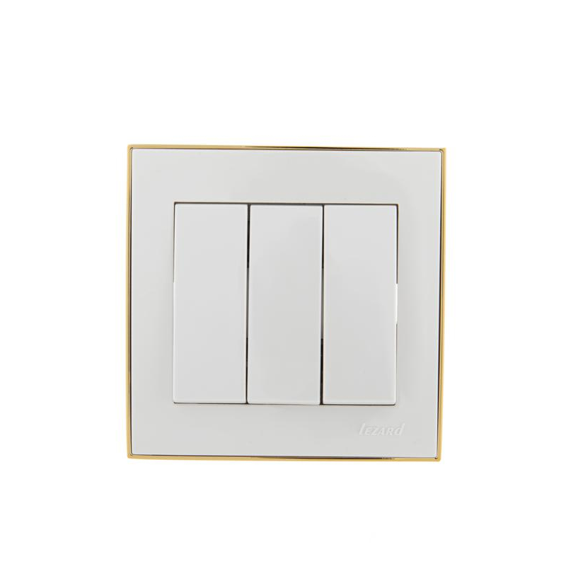 Выключатель 3-кл. СП Рейн 10А IP20 с зол. боковой вставкой бел. LEZARD 703-0226-109