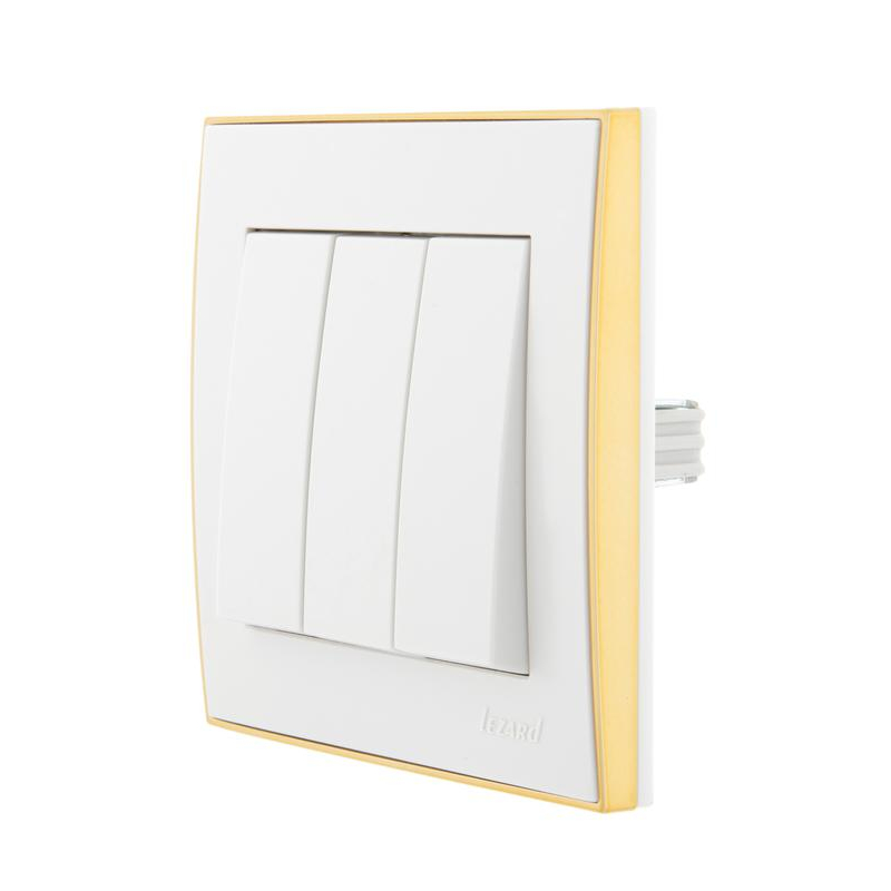 Выключатель 3-кл. СП Рейн 10А IP20 с зол. боковой вставкой бел. LEZARD 703-0226-109