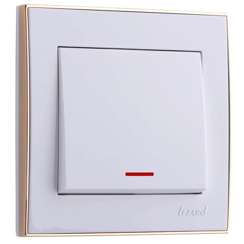 Выключатель 1-кл. СП Рейн 10А IP20 с подсветкой с зол. боковой вставкой бел. LEZARD 703-0226-111