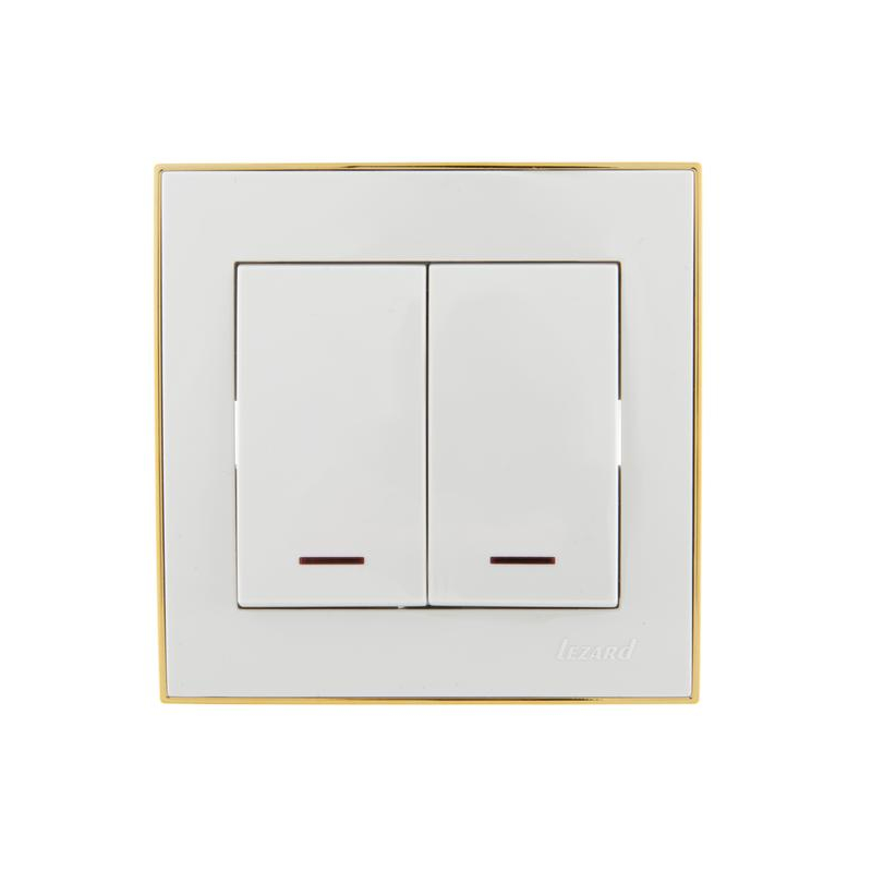 Выключатель 2-кл. СП Рейн 10А IP20 с подсветкой с зол. боковой вставкой бел. LEZARD 703-0226-112