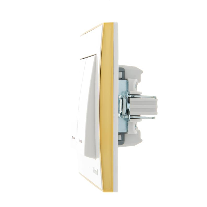 Выключатель 2-кл. СП Рейн 10А IP20 с подсветкой с зол. боковой вставкой бел. LEZARD 703-0226-112