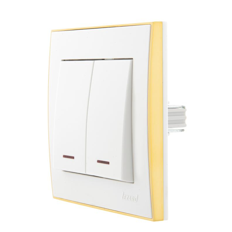 Выключатель 2-кл. СП Рейн 10А IP20 с подсветкой с зол. боковой вставкой бел. LEZARD 703-0226-112