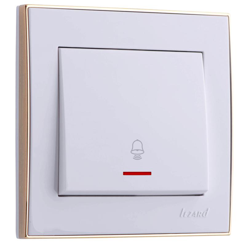 Выключатель проходной 1-кл. СП Рейн 10А IP20 с подсветкой с зол. боковой вставкой бел. LEZARD 703-0226-114