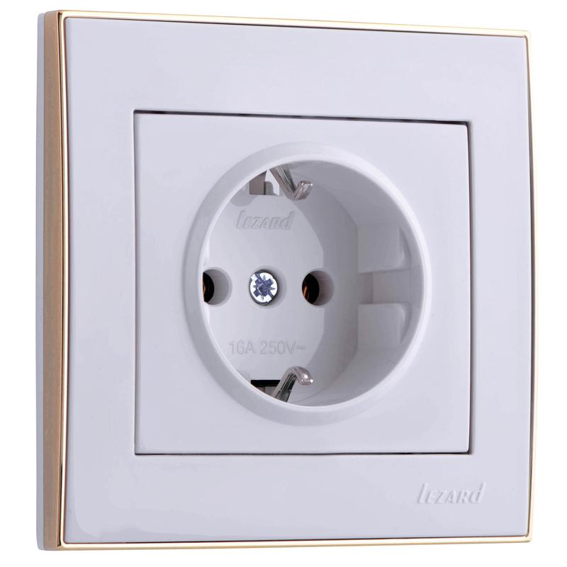 Розетка 1-м СП Рейн керам. с заземл. бел. с боковой вст. зол. LEZARD 703-0226-122