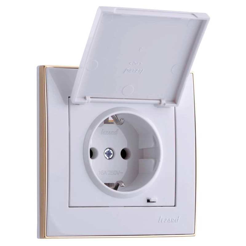 Розетка 1-м СП Рейн с защ. крышкой керам. с заземл. бел. с боковой вст. зол. LEZARD 703-0226-123