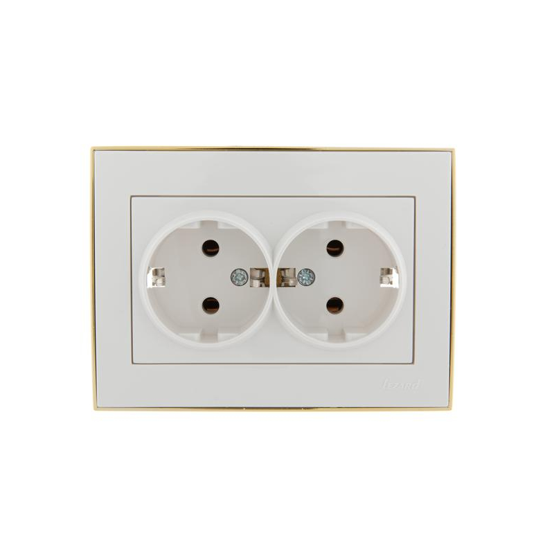 Розетка 2-м СП Рейн керам. с заземл. бел. с боковой вст. зол. LEZARD 703-0226-127