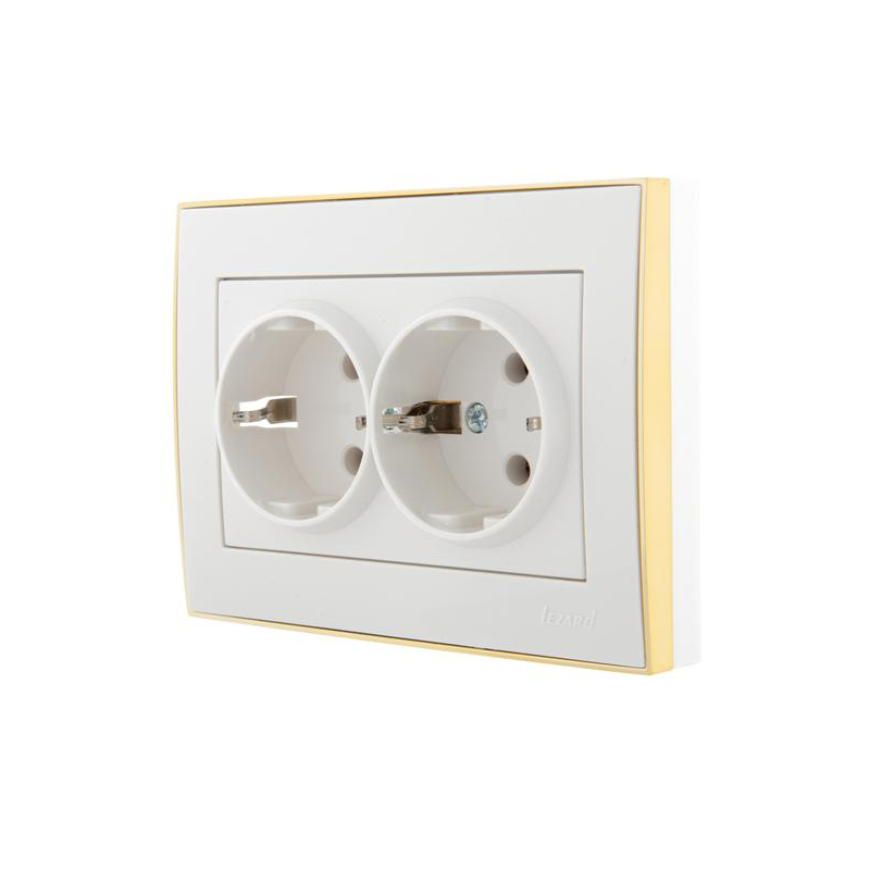 Розетка 2-м СП Рейн керам. с заземл. бел. с боковой вст. зол. LEZARD 703-0226-127