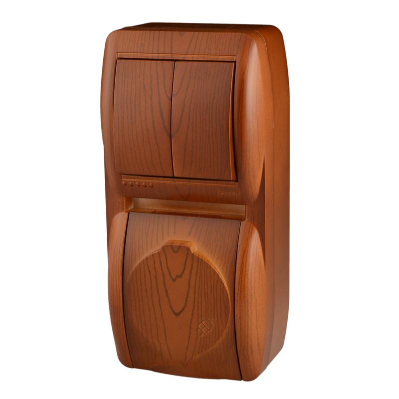 Блок Ната верт. сосна (2-кл. выкл. + розетка с заземл. с крыш.) LEZARD 710-0800-173