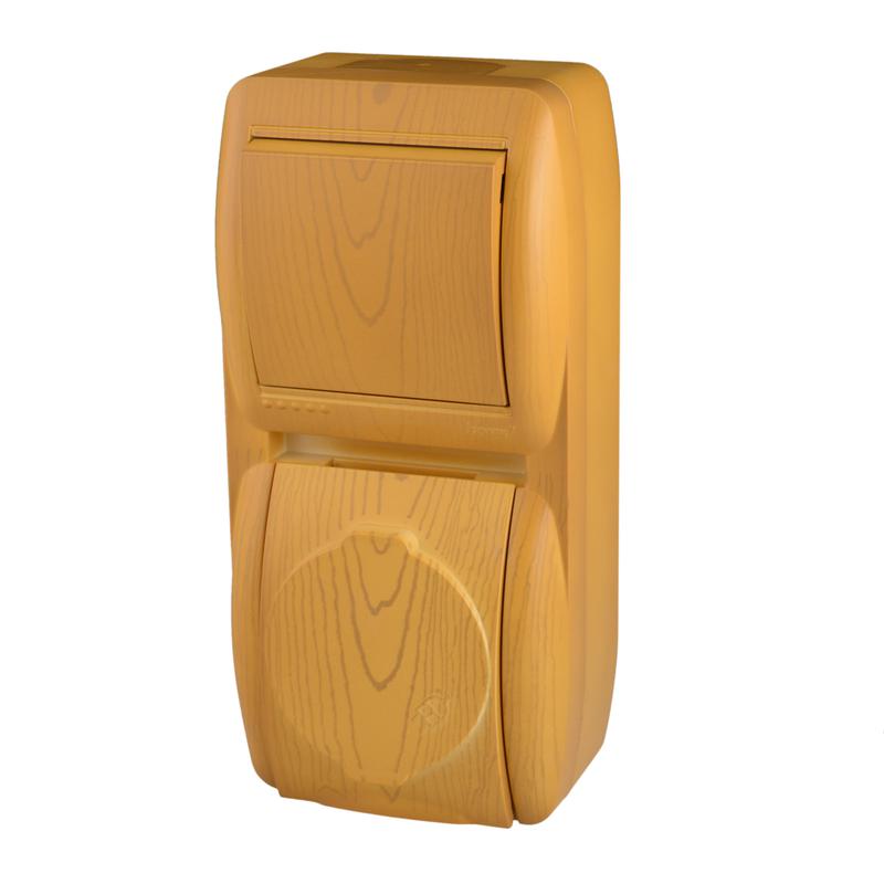 Блок Ната верт. ольха (1-кл. выкл. + розетка с заземл. с крыш.) LEZARD 710-0700-172