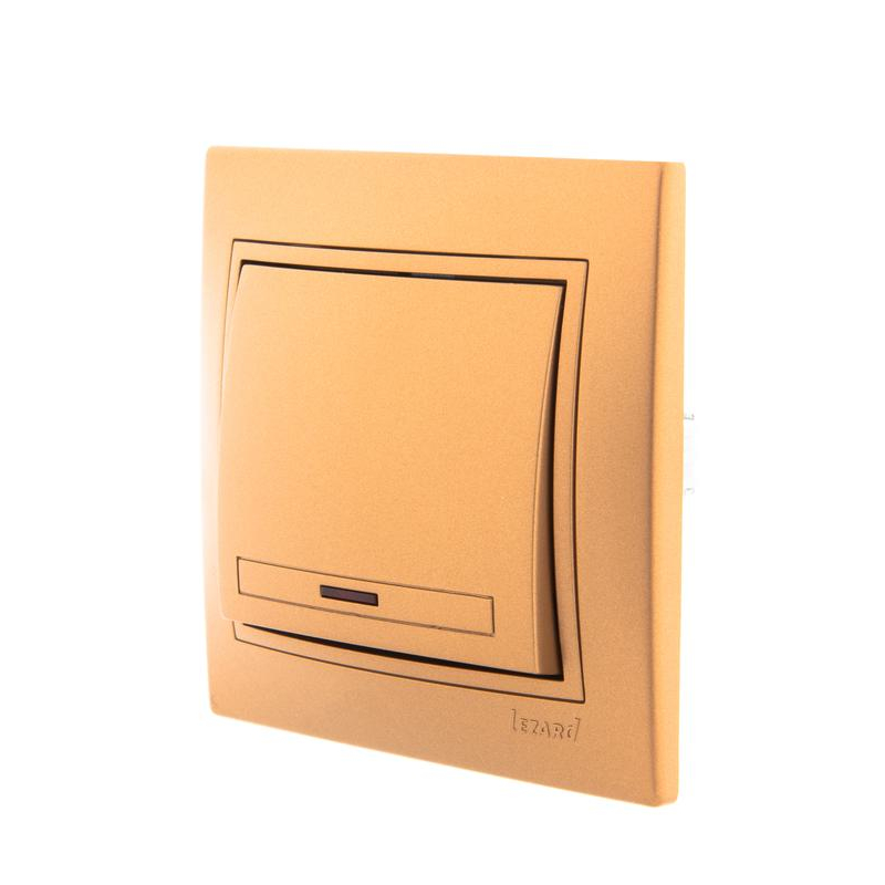 Выключатель 1-кл. СП Мира 10А IP20 с подсветкой со вставкой зол. метал. LEZARD 701-1313-111